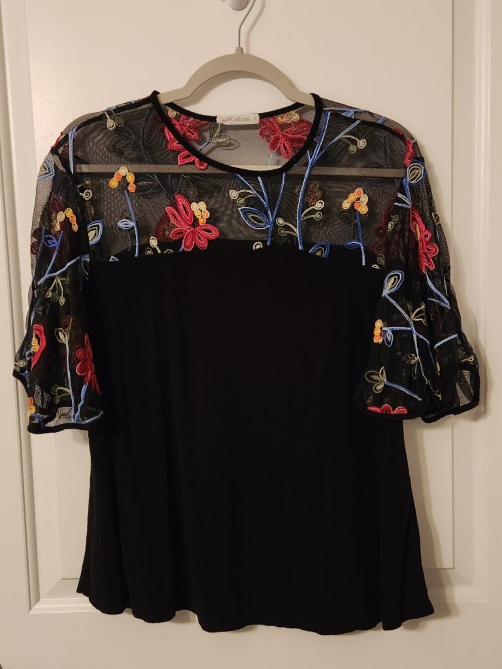 Black Embroidered Multicolor Florals Top with Mesh Size Large